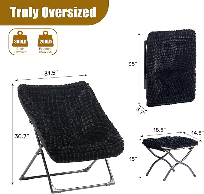 HollyHOME X-Large Saucer Chair with Foldable Ottoman Comfy Oversized Folding Chair and Folding Footrest Stool Set Faux-Fur Reading Chair and Footstool for Living Room Bedroom Black Chair&ampStool