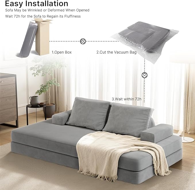 87 Folding Sofa Bed King Size Convertible Sleeper Sofa with Movable Backrest Foldable Futon Floor Couch Bed Chenille Boneless Couches for Living Room(Grey)