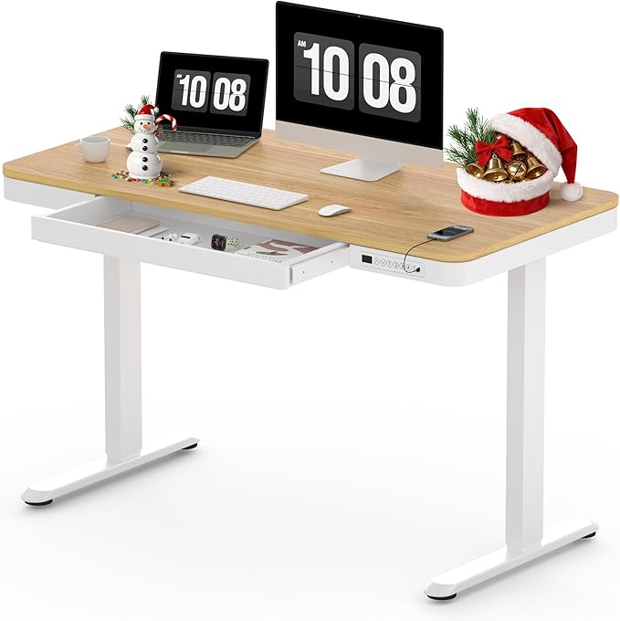 SANODESK Standing Desk with Drawer Electric Height Adjustable Home Office Desk with Storage &amp USB Ports 48 inch Maple Wood Tabletop/White Frame