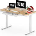 SANODESK Standing Desk with Drawer Electric Height Adjustable Home Office Desk with Storage &amp USB Ports 48 inch Maple Wood Tabletop/White Frame