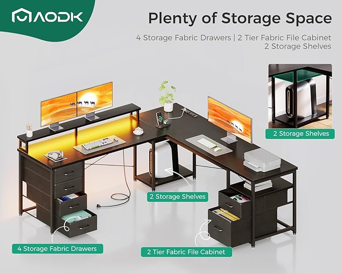 AODK 66 L Shaped Computer Desk 113“ Reversible Home Office Desk with File Cabinet &amp 4 Fabric Drawers Two Person Desk with LED Lights &amp Power Outlet Corner Gaming Desk with Monitor Shelf B
