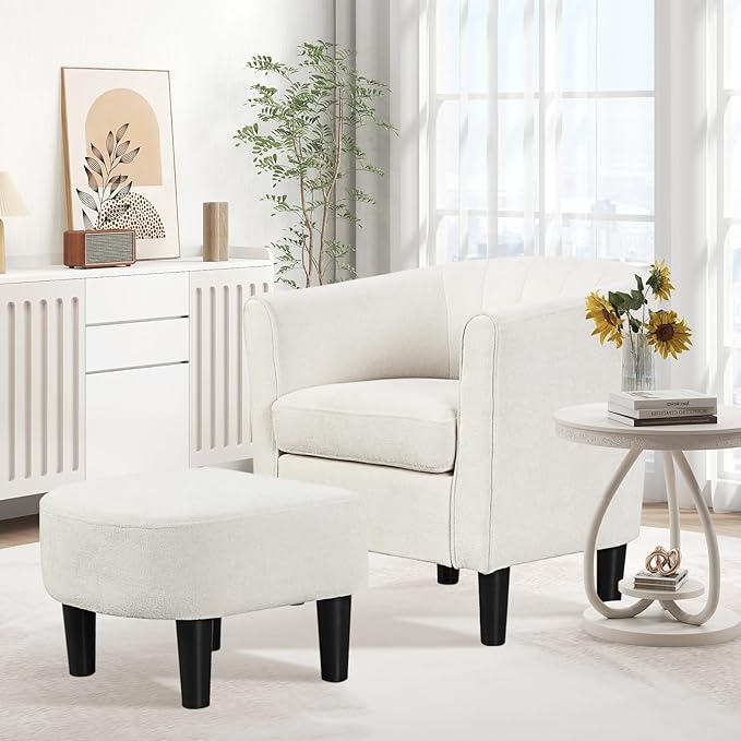 KOMFOTT Accent Chair with Ottoman Upholstered Teddy Velvet Barrel Chair with Footrest Comfy Club Sofa with Curved Backrest Thick Seat Cushion Modern Arm Chair for Living Room Bedroom Beige