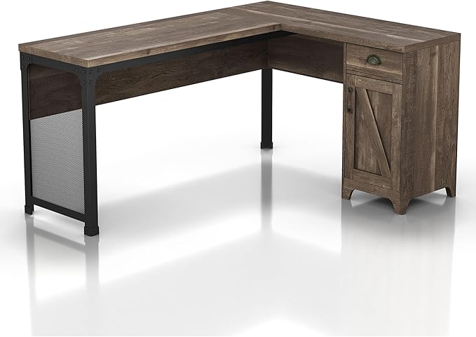 24/7 Shop at Home Holbrook Traditional 1 Drawer Wood L-Shaped Computer Desk with 2 Adjustable Shelves 1 Cabinet Door for Workstation Home Office Study Room Oak Brown