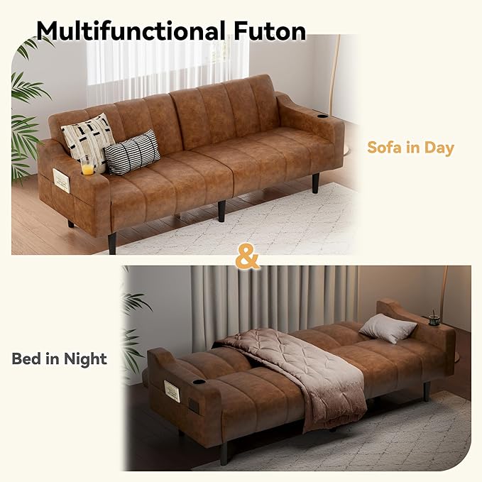 Brelice 80'' Leather Couch Futon Sofa Bed Faux Leather Couch with Adjustable Backrest 2 Cup Holders &amp Side Pockets Mid Century Modern Sofa for Living Room Bedroom Brown