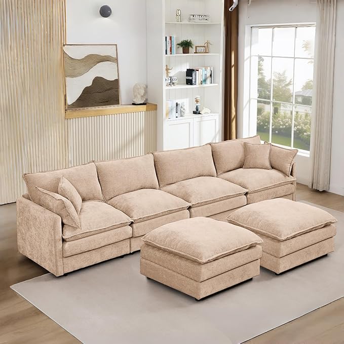 130 Modular Sectional Sofa with Movable Ottoman Convertible L Shaped Chenille Cloud Couch Oversize Comfy 4-Seater Deep Seat Sofa Couches for Living Room Apartment (Coffee 130)