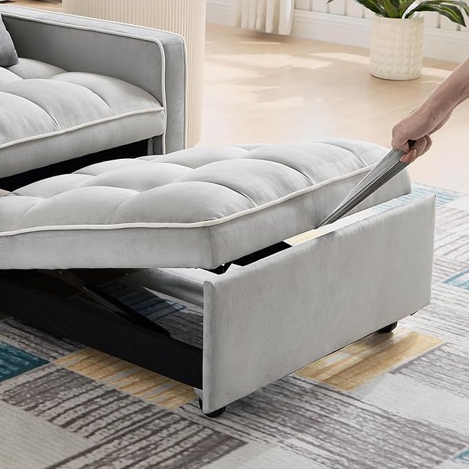 35-inch Futon Sofa Chair with Pull Out Bed Modern Tufted Velvet 3 in 1 Convertible Sleeper Sofa Chair with a Pillow for Small Space Living Room Apartment Bedroom Grey