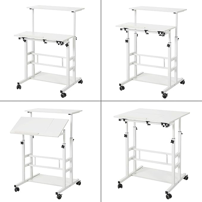 UNICOO Portable Standing Desk on Wheels Height Adjustable Mobile Workstation Versatile Sit-Stand Desk for Home Office (White Frame/White Top)