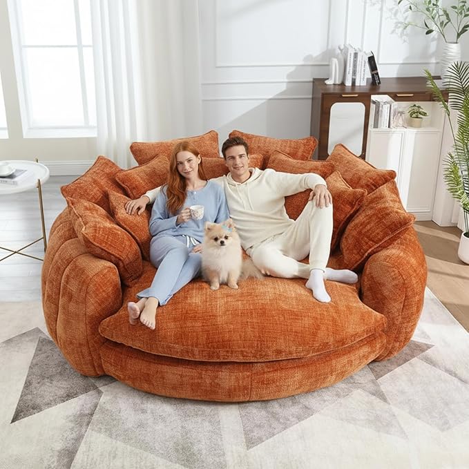 81 Oversized Round Sofa Bed Large Chenille Bean Bag Chair No Assembly Required Cloud Couch Fluffy Plush Chaise Lounge Chair Indoor Modern Sleeper Sofa with Deep Seat for Living Room (Orange)