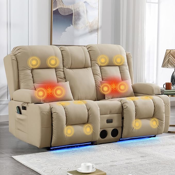 IPKIG Power Loveseat Recliner Sofa with Flip-Up Backrest Console Bluetooth Speakers Drawer AC Outlet LED Light Wall Hugger Recliners for Living Room RV Home Theater (Beige Loveseat)