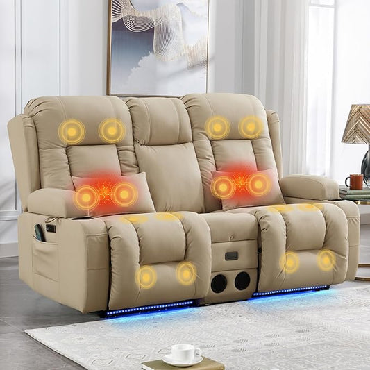 IPKIG Power Loveseat Recliner Sofa with Flip-Up Backrest Console Bluetooth Speakers Drawer AC Outlet LED Light Wall Hugger Recliners for Living Room RV Home Theater (Beige Loveseat)