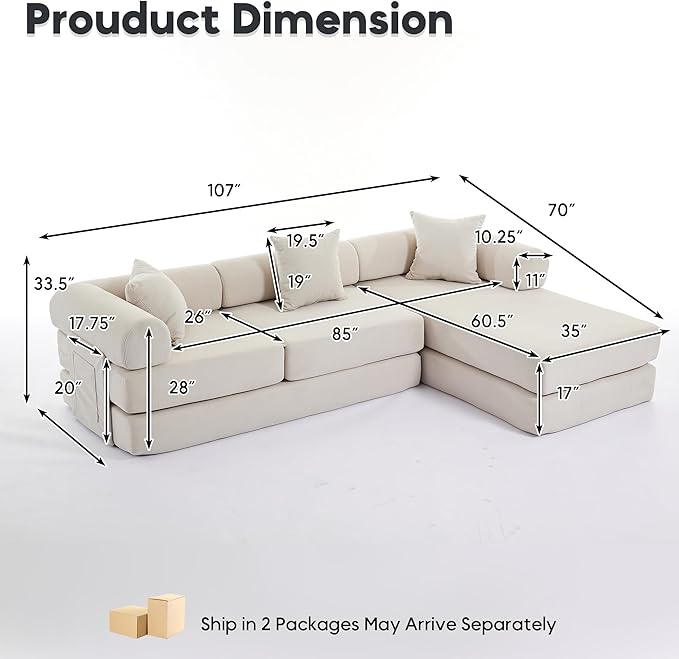 L Shaped Modular Sofa Bed with Cylindrical Pillow &amp Reversible Chaise Corduroy Folding Floor Convertible Sofa Couch Bed with Fixed-Shape Frame &amp Storage Pocket for Living Room Beige