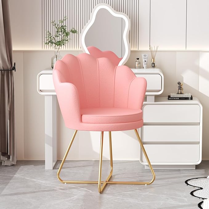 Furniliving Pink Vanity Chairs Velvet Makeup Chair for Bedroom Home Office Desk Chair with Gold Plating Legs Cute Accent Chair for Makeup Room Bedroom Living Room Guest Reception (Velvet Pink)