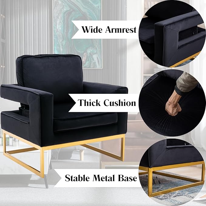 Modern Accent Chair Velvet Upholstered Side Chair with Backrest Comfy Armchair Side Chair with Golden Metal Base for Living Room Reception Room 1PC Black