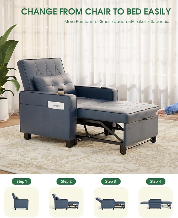 AILEEKISS 3 in 1 Convertible Sleeper Chair Bed Pull Out Leather Sofa Chair Bed with Cup HoldersUSB &amp Type C PortsSide Pockets Sleeper Single Sofa Couch for LivingroomApartmentOffice(Blue)