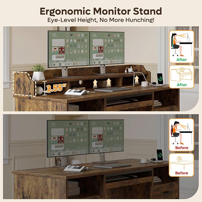 Bestier Farmhouse 59 Executive Desk with Drawers Wood Computer Desk with Charging Station Home Office Desk with Keyboard Tray &amp Monitor Stand Sturdy Pedestal Desk for Work Study Rustic Brown