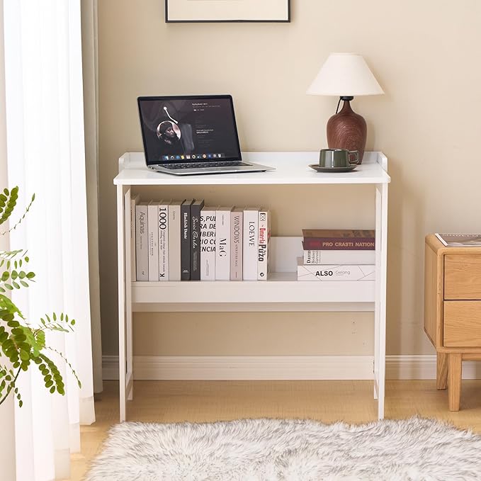 KEIKI 32.6 Folding Table with Storage Shelf Foldable Computer Desk for Small Spaces Space-Saving Study Table for Bedroom Home Office Dorm and Apartment Ancient White