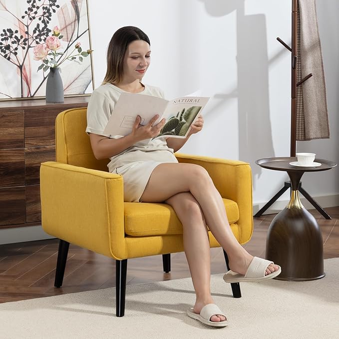 Accent Chair Set of 2 Fabric Modern Chair with Wooden Frame Cozy Armchair Reading Chair with Comfy Back for Apartment Living Room Bedroom Waiting Room Small Space Corner Yellow