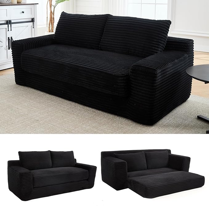 2-in-1 Loveseat Sofa with Pull-Out Bed 70.87 Sleeper Sofa with Comfy Cushions Corduroy Upholstered 2-Seater Cloud Sofa for Living Room Apartment and Small Spaces No Assembly (Black)