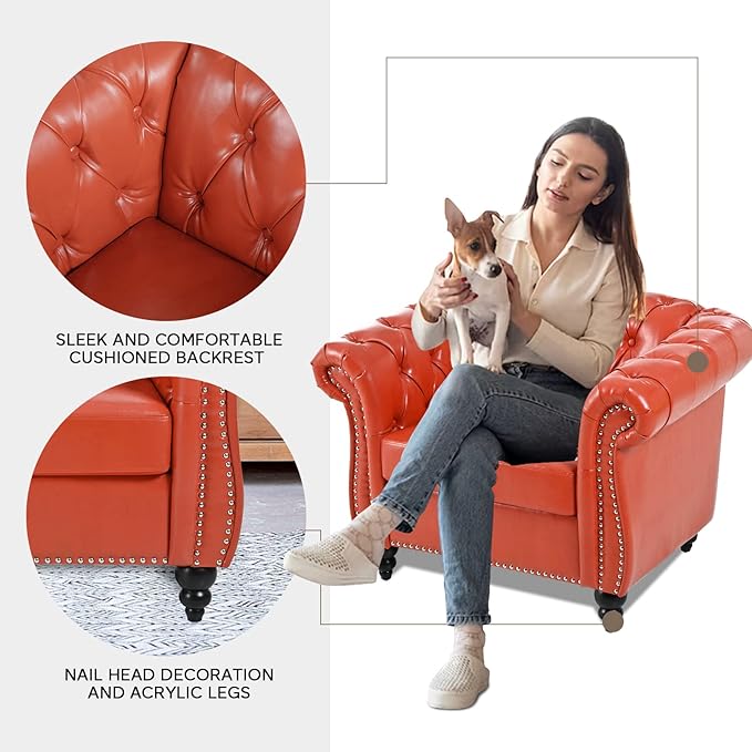 Orange Black Faux Leather Chesterfield Accent Chair with Tufted Upholstery Wingback Design &amp Club Style for Living Room Bedroom Office Furniture