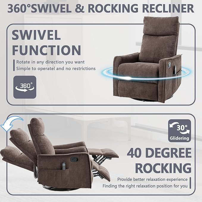 Massage Chair Recliner with Heat Swivel Rocking Chair Recliner with High Back Manual Nursery Recliners for AdultsSmall Recliner Chair for Small Spaces Living Room Bedroom Fabric (Dark Brown)