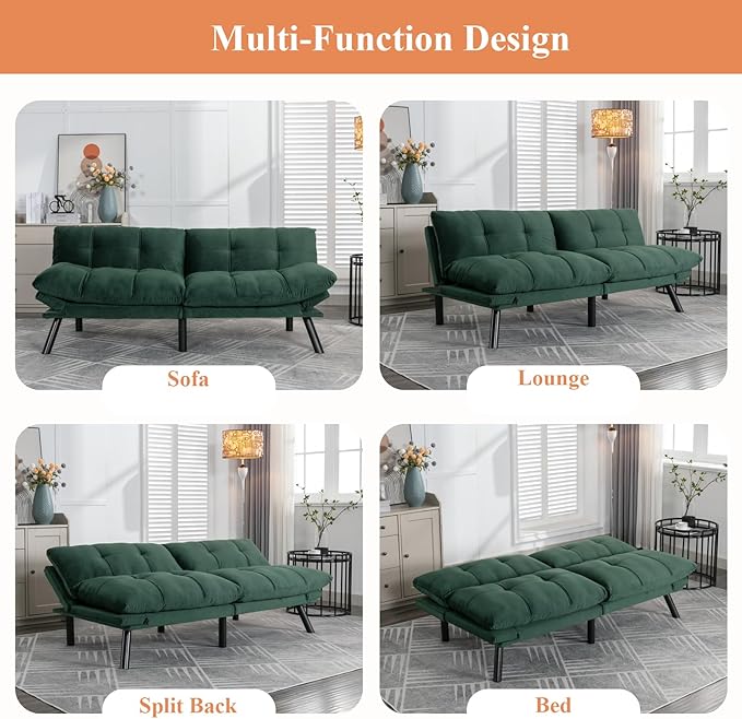 Anwick Futon Sofa Bed Velvet Convertible Futon Sleeper Couch 71 Sleeper Sofa Bed with Adjustable Backrest Modern Loveseat Couch for Compact Living Room Apartment Office (Green)