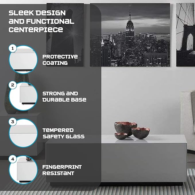 SONOROUS Premium Tempered Glass Coffee Table - Modern White Rectangular Coffee Tables for Living Room - High Gloss Fingerprint Resistant Mid Century Design - Stylish Living Room Furniture &amp Décor