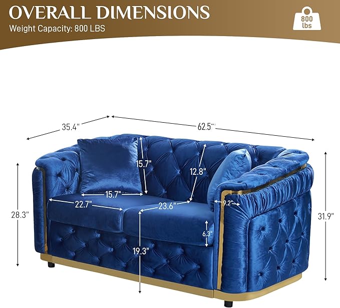 Velvet Couch Blue and Gold Sofa Luxury Loveseat 62.5 Mid Century Modern Chesterfield Sofa Couch for Living Room Tufted Sofas with 2 Pillows &amp Classic Golden Decor Blue