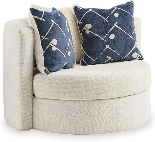 Signature Design by Ashley Padova Transitional Upholstered Swivel Accent Chair Reversible Seat Cushion 3 Complimentary Accent Pillows 360-Degree Swivel Ivory Fabric
