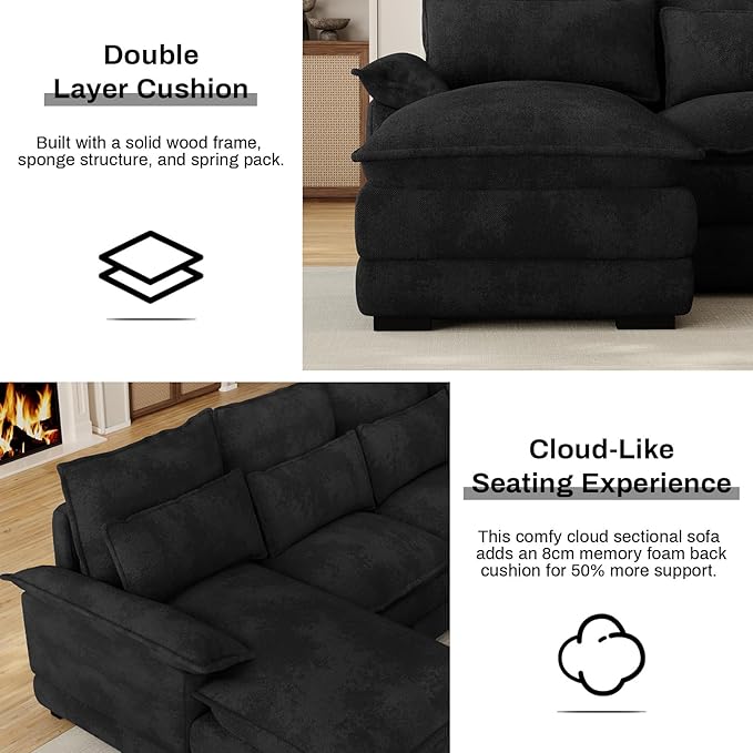 OUYESSIR 110 U Shaped Cloud Sectional Sofa with Deep Seat Cushions Modern Comfy Chenille Couch 4 Seater Fluffy Sectional Couches for Living Room with Double Chaise(Black)