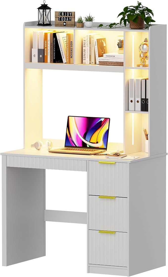 Home Office Desk with Hutch &amp LED Lights - 39 Computer Desk with Charging Station 3 Large Drawers Hidden Compartment &amp Fluted Panel DesignWhite Writing Desk for Bedroom Study
