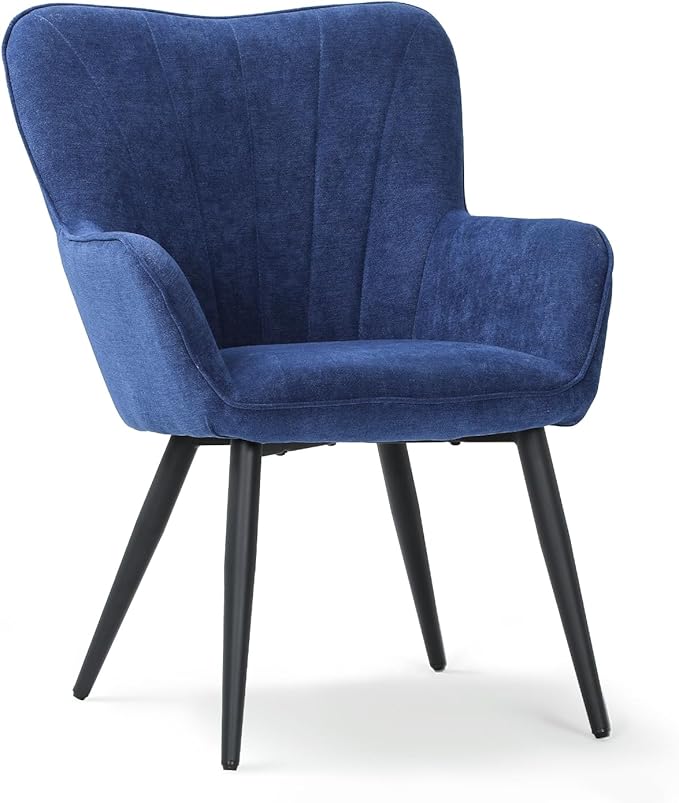 Athena Collection Wingback Accent Chair for Living Room Upholstered Arm Reading Chair for Adults Cozy Linen Fabric Armchair with Metal Legs for Bedroom Makeup Office Blue