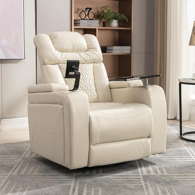 270 Degree Swivel Chair PU Leather Power Recliner Individual Seat with Comforable Backrest Tray Table Phone Holder Cup Holder USB Port Hidden Arm Storage for Living Room Home Theater White