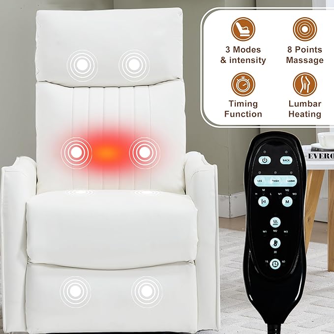High Back Massage Recliner with Heat - Swivel Rocking Chair for Small Spaces Manual Lazy Boy Recliner for Adults Perfect for Living Room &amp Bedroom Soft Fabric (White)