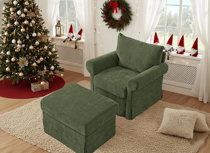 35.8 Accent Chair with Ottoman Set Comfy Chenille Upholstered Armchair with Rolled Arms Modern Single Reading Chair for Living Room Bedroom Apartment Green