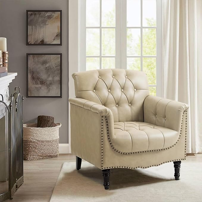 Faux Leather Accent Chair PU Leather Modern Comfy Upholstered Armchair with Wood Legs &amp Nailhead Trim for Living Room Bedroom (BeigeSet of 1)
