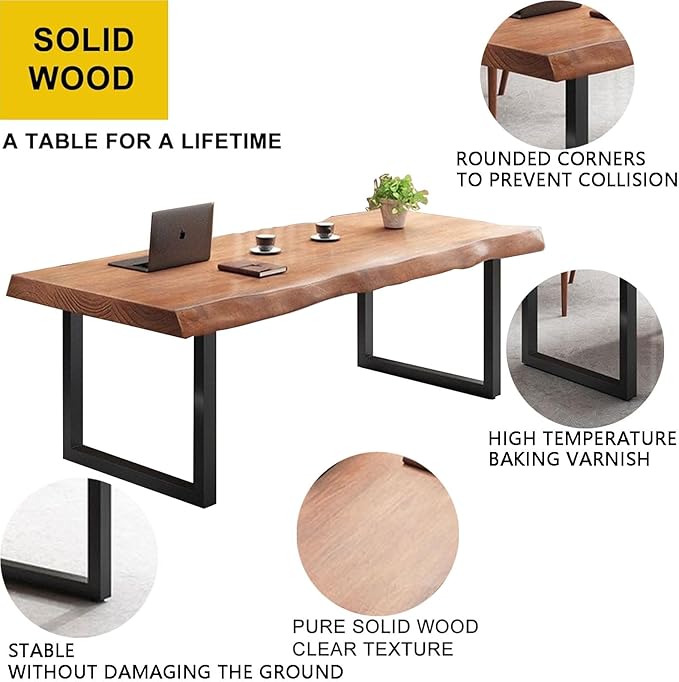Stylish Solid Wood Office Desk with Sturdy Metal Base - Durable Multi-Size Executive Computer &amp Dining Table - Perfect for Home Office &amp Work Environments (Brown 55.12in)