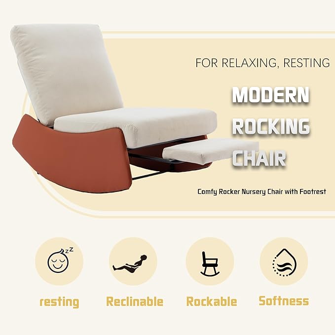 Modern Rocking Chair Recliner Comfy Rocker Nursery Chair with Footrest Accent Reading Chair Upholstered Lounge Chair for Relaxing RestingSoft Padded Rocker for Indoor Living Room BedroomOrange