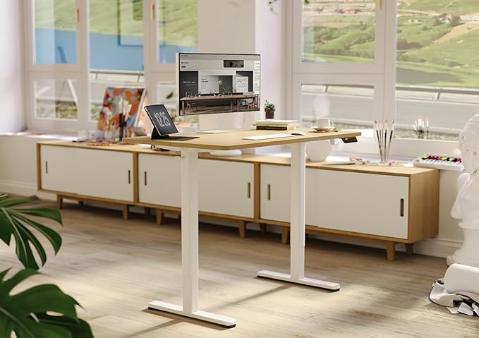 Claiks Electric Standing Desk Adjustable Height Stand up Desk 40x24 Inches Sit Stand Home Office Desk with Splice Board White Frame/Nature Top