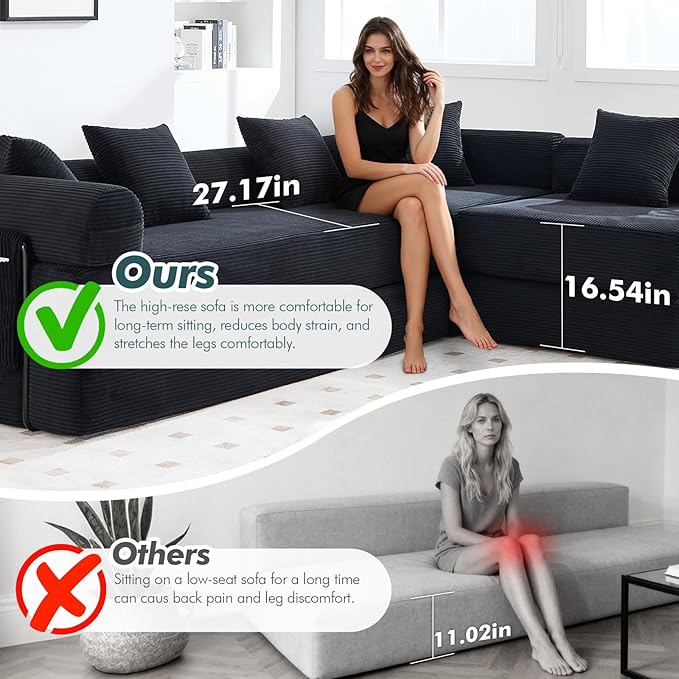 10-in-1 Folding Convertible Sofa Bed 141 Inch Boneless Couch with Fixed-Shape Frame Corduroy Modular Sectional Sofa Mattress Sleeper Sofa Floor Sofa Futon Couch for Living Room (Black)