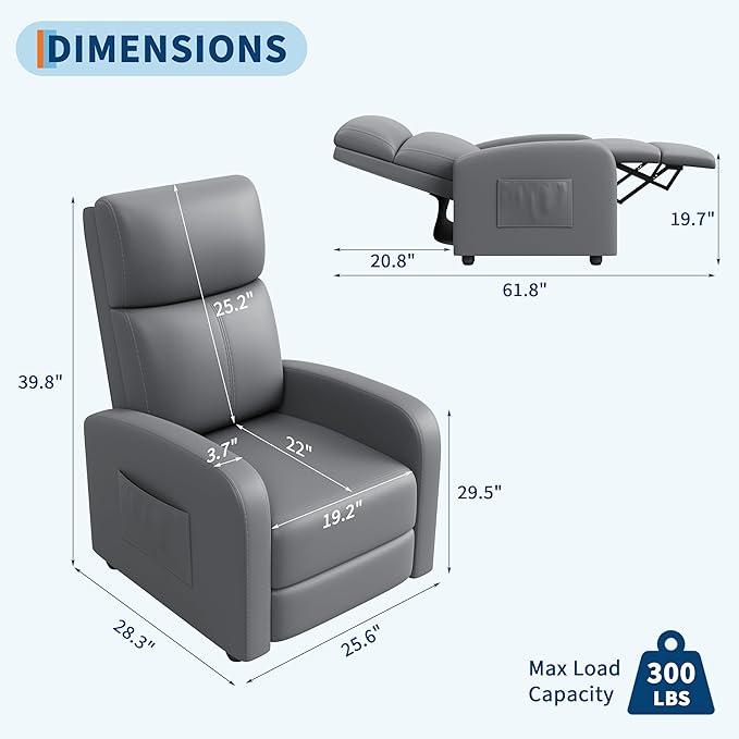 Recliner Chair Lazy Recliner Sofa for Adults Adjustable PU Leather Single Chair with Tall Back Wide Arms &amp Side Pocket Padded Home Theate Living Room Seating