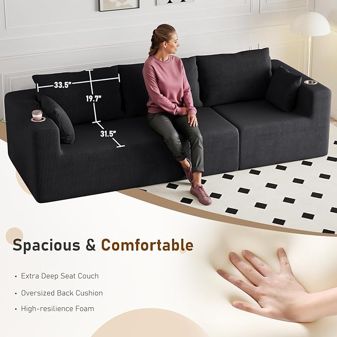 Furnimart 112 Oversized 3 Seater Sleeper Couch Sectional Sofa Bed Boneless Cloud Couches for Living Room Modern Deep Seat Modular Sofa No Assembly Corduroy Black