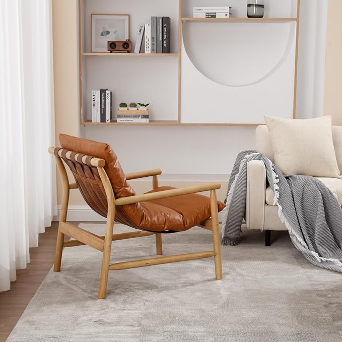 Modern Faux Leather Accent Chair Solid Wood Lounge Chair with Removable Cushion Low Back Reading Chair for Living Room/Bedroom/Balcony Brown Sofa Armchair (Easy Assembly)