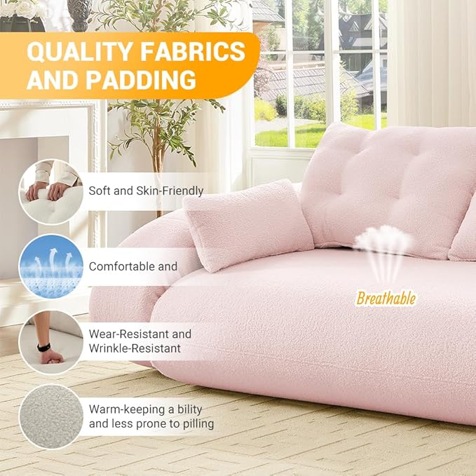 78.7 Folding Sofa Bed Queen Foldable Floor Futon Sofa Sleeper Convertible Boneless Mattress Loveseat Cloud Couch for Home Living Room Bedroom Lounge Apartment and Small Spaces Pink Teddy
