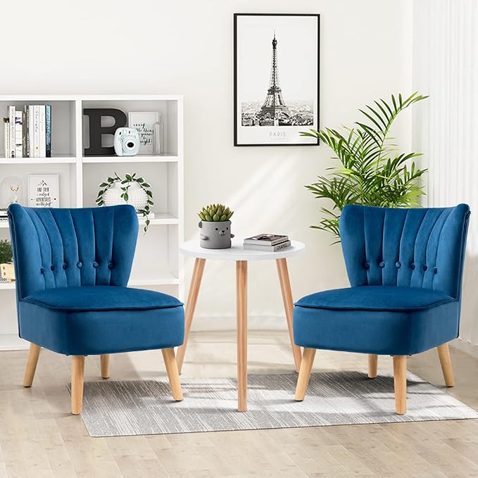 S AFSTAR Armless Accent Chair Wingback Velvet Sofa Chair with Solid Rubber Wood Legs &amp Thick Padded Seat Upholstered Leisure Club Chair for Living Room Guest Room Coffee Shop (2 Blue)