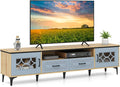 Tangkula Farmhouse TV Stand for TVs up to 80” 71” Entertainment Center with 2 Drawers 2 Cabinets &amp Compartment with 7 Raised Metal Legs Wood Media TV Console Table for Living Room (Bluish Gray