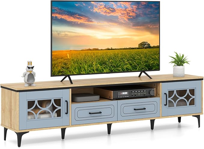 Tangkula Farmhouse TV Stand for TVs up to 80” 71” Entertainment Center with 2 Drawers 2 Cabinets &amp Compartment with 7 Raised Metal Legs Wood Media TV Console Table for Living Room (Bluish Gray