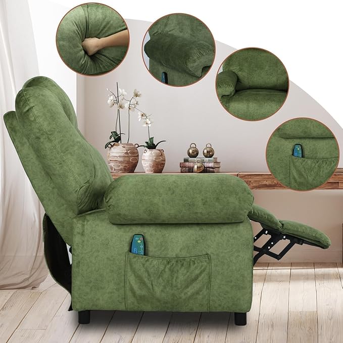 Pushback Massage Recliner Chair with Heat Fabric Heated Massaging Reclining Chair Single Sofa for Adults Mid Century Small Push Back Manual Recliner for Living RoomGreen