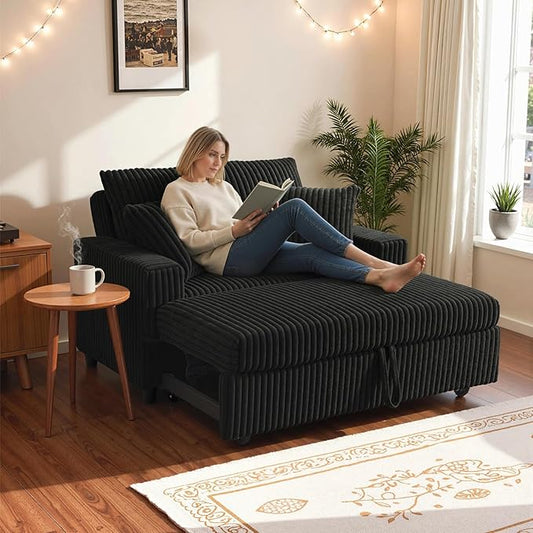 3 in 1 Convertible Sofa Bed52.8 Pull Out Couch with 2 Pillows and Side PocketsModern Corduroy Fabric Sleeper Loveseat with Adjustable Backrest for Living Room Bedroom Apartment (Black Corduroy)