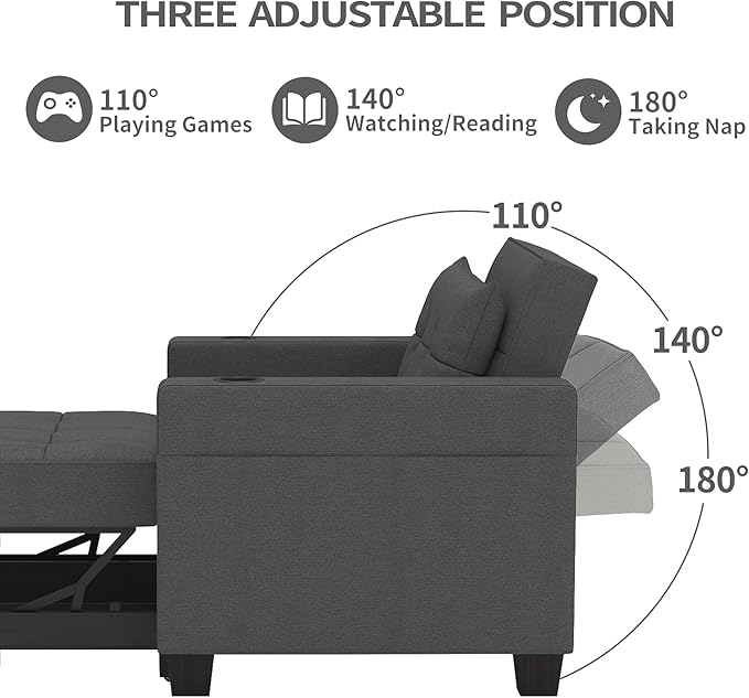 DURASPACE 36.6 Futon Chair Bed Convertible Chair 3-in-1 Pull Out Sleeper Reading Chair Beds with USB Armchair Sleeper Bed for Living Room Dorm Small Space (Dark Gray Linen)