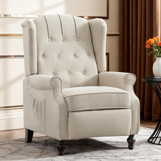 BINGTOO Push Back Recliner Chair with Massage and Heat Mid Century Tufted Fabric Wingback Chair with Rivet Decoration for Living Room Bedroom Beige 2 Chairs